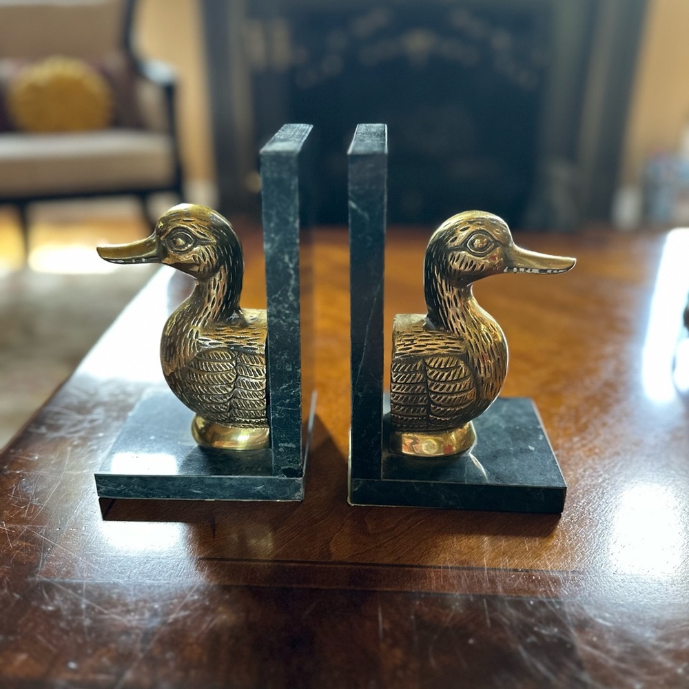 SOLD crossposted - Vintage Brass Duck Bookends w/ Marble Base
